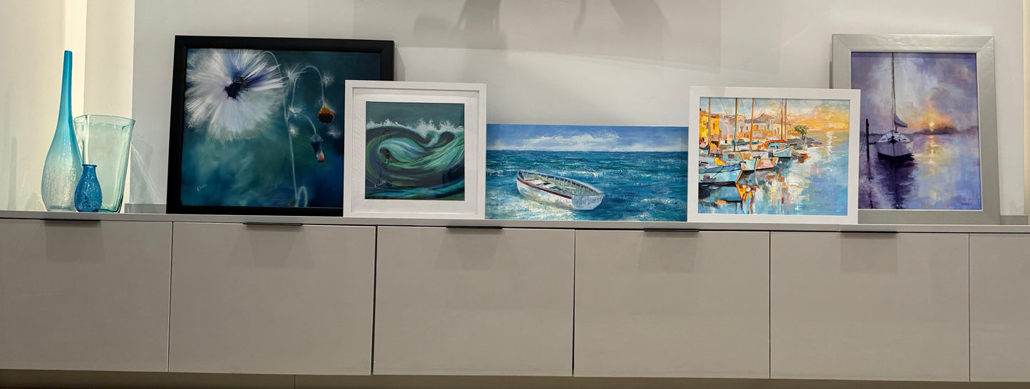 Red stripe boat 12” x 36” oil painting on gallery wrapped canvas.