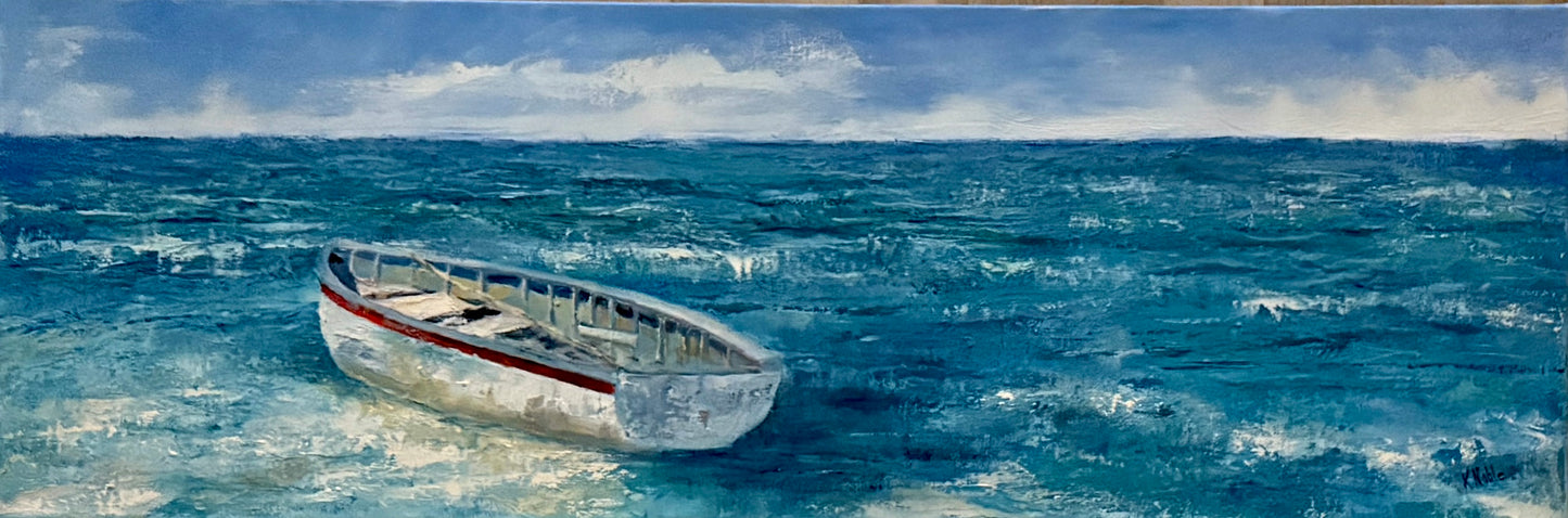 Red stripe boat 12” x 36” oil painting on gallery wrapped canvas.